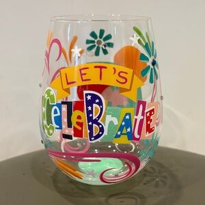 Colorful Lolita 'Let's Celebrate' Hand Painted Stemless Wine Glass, 22 Ounces